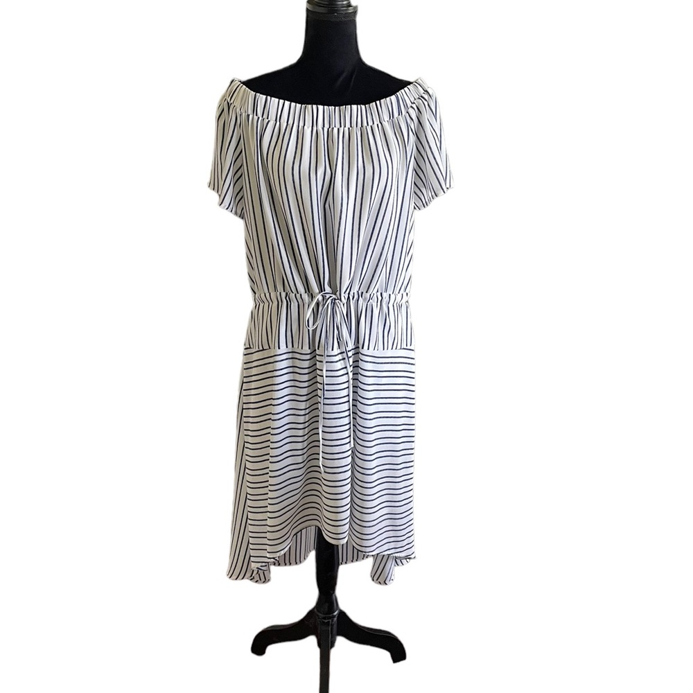 Halston short-sleeve striped print drawstring waist high low summer dress large